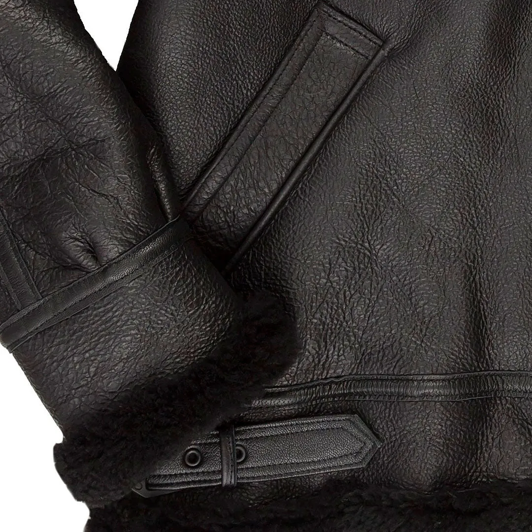 All Black B-3 Hooded Sheepskin Bomber Jacket Z203615B
