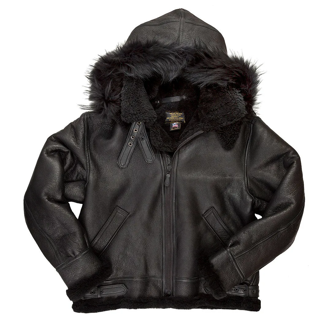 All Black B-3 Hooded Sheepskin Bomber Jacket Z203615B