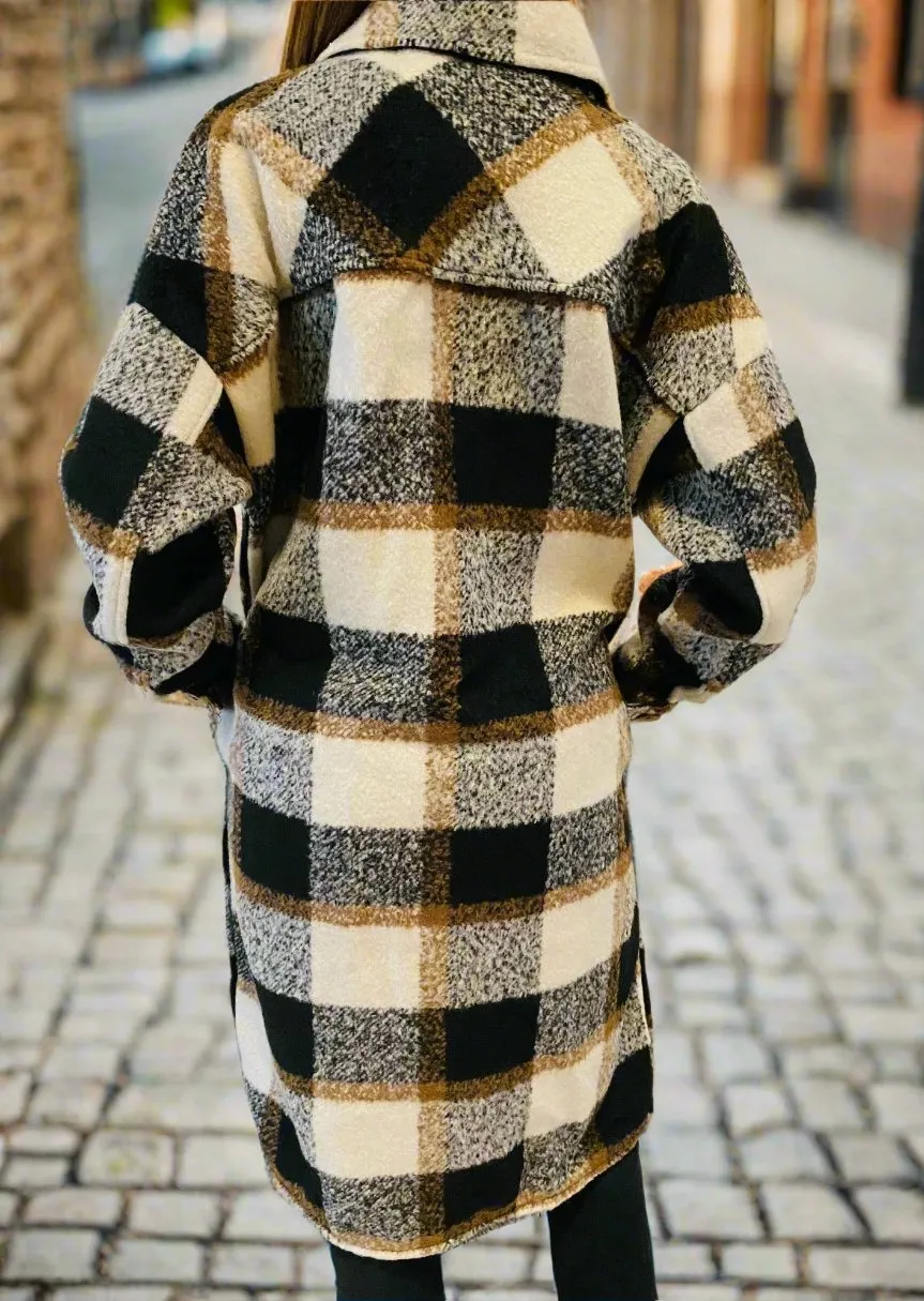TEDDY BRUSHED LONG PLAID JACKET