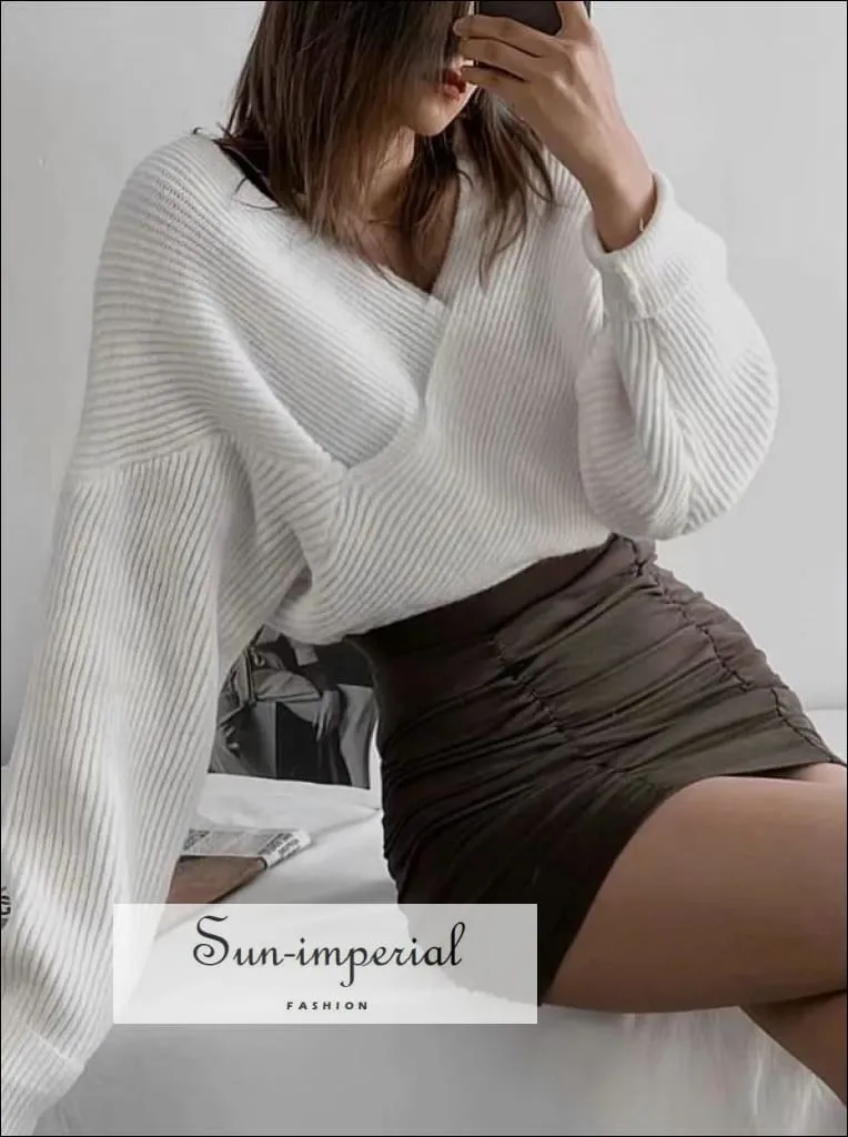 Women White Crossover front Chunky Knit Pullover Ribbed Sweater top