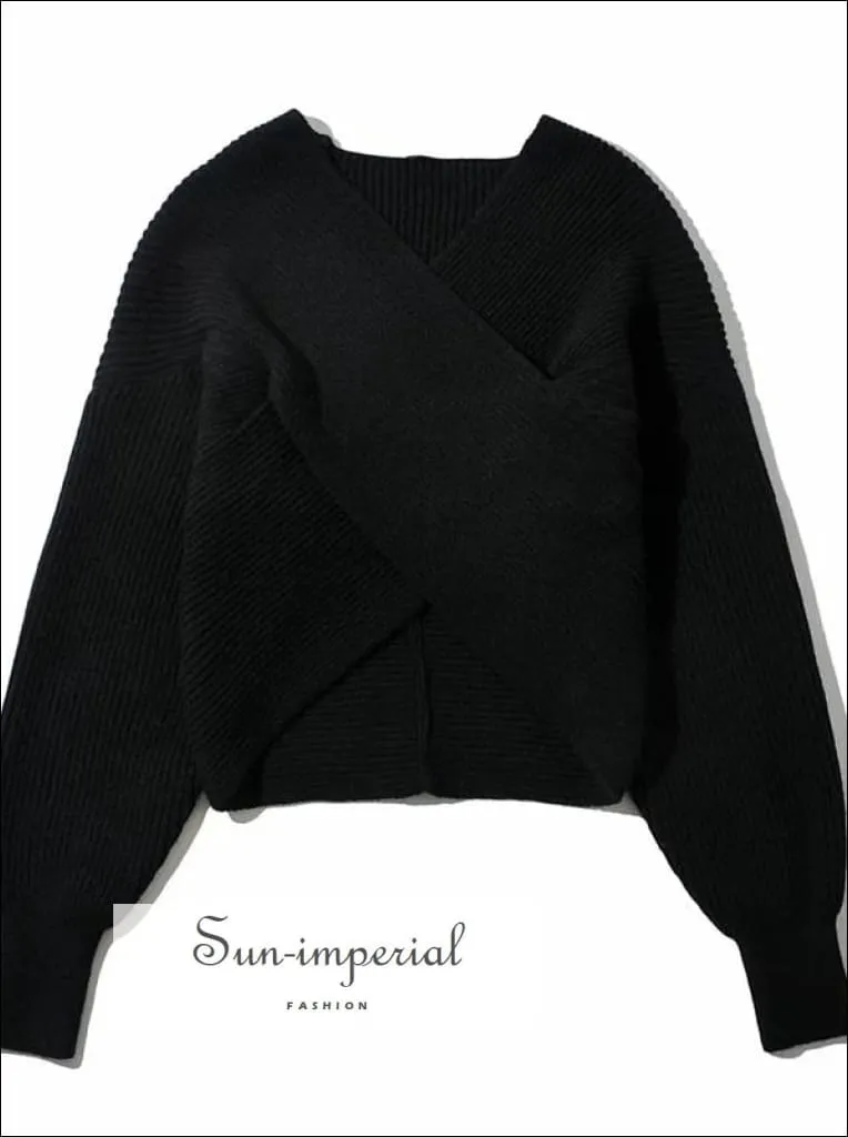 Women White Crossover front Chunky Knit Pullover Ribbed Sweater top