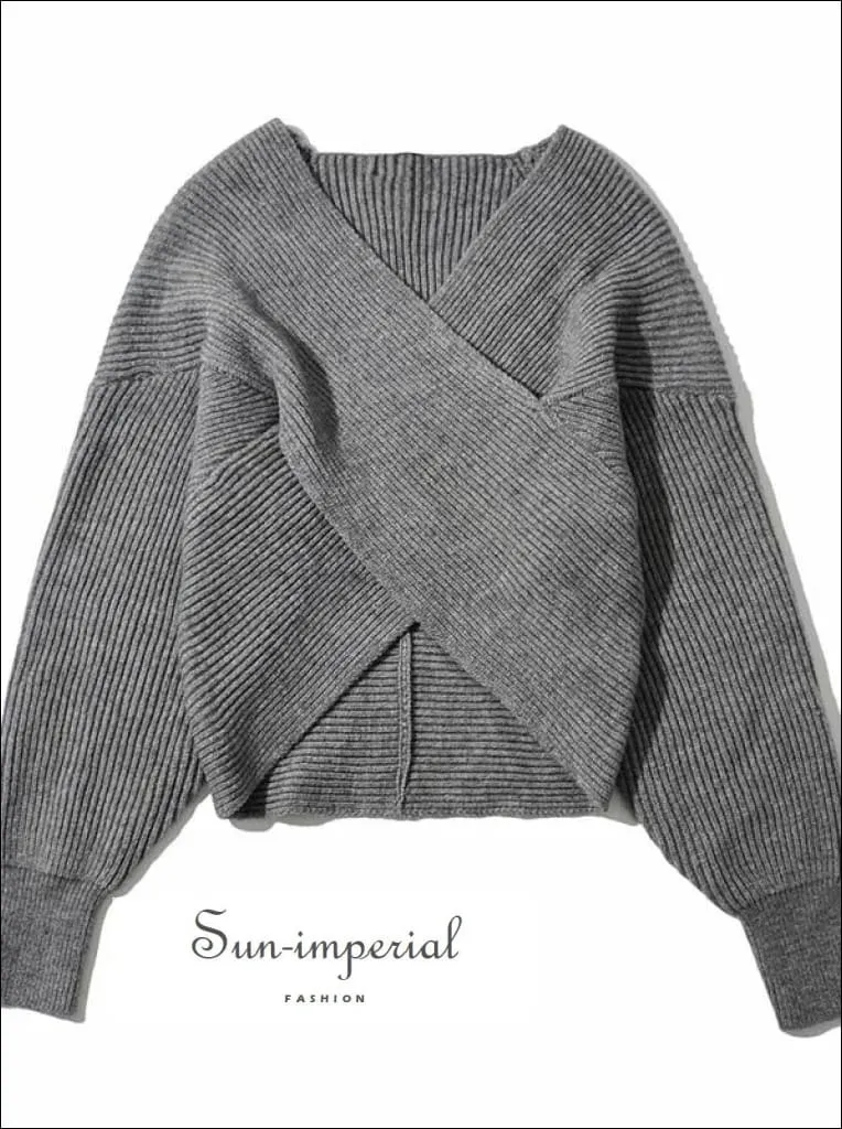 Women White Crossover front Chunky Knit Pullover Ribbed Sweater top