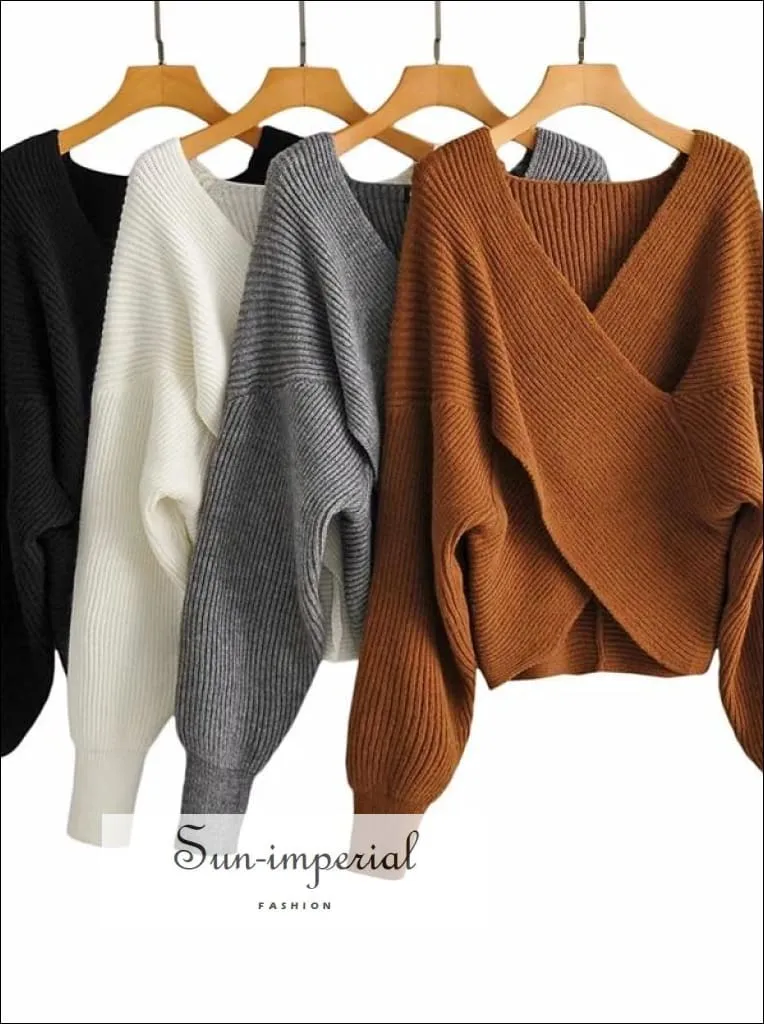 Women White Crossover front Chunky Knit Pullover Ribbed Sweater top