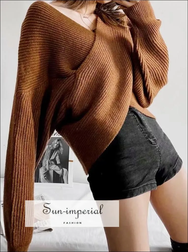 Women White Crossover front Chunky Knit Pullover Ribbed Sweater top