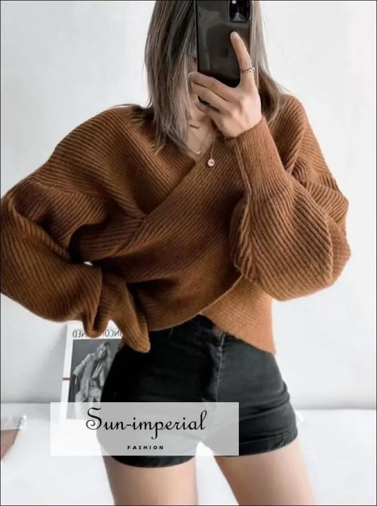 Women White Crossover front Chunky Knit Pullover Ribbed Sweater top