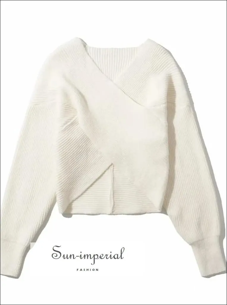 Women White Crossover front Chunky Knit Pullover Ribbed Sweater top