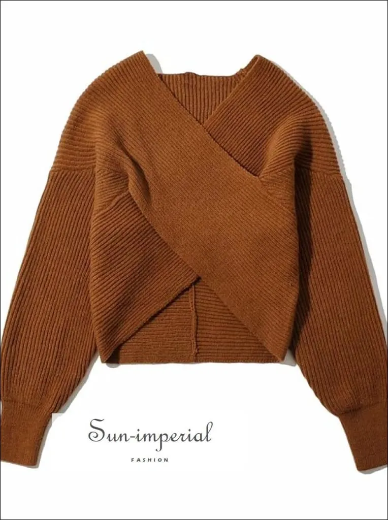 Women White Crossover front Chunky Knit Pullover Ribbed Sweater top